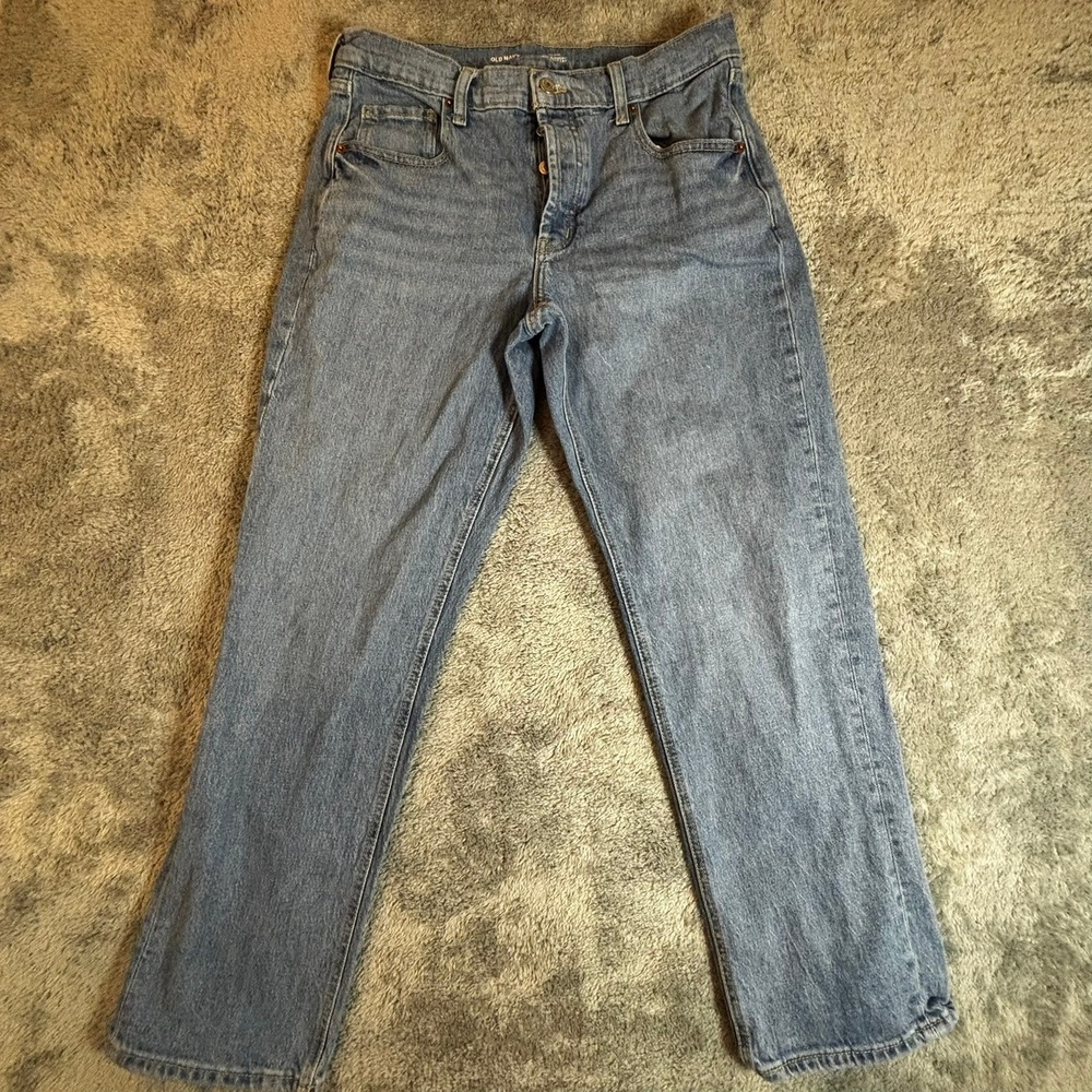 Old Navy Mid-Rise Slouchy Straight Leg Jeans Blue Denim Button Fly Size 4